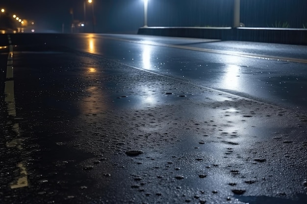 Asfalto mojado con gotas de lluvia en una noche de niebla