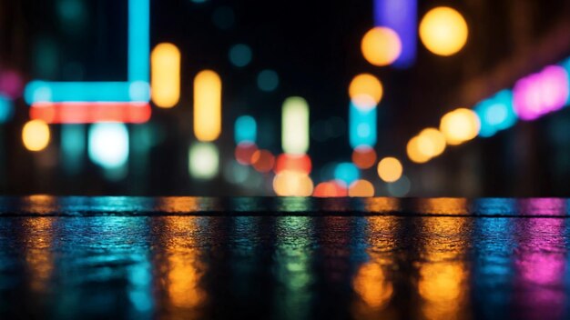 Asfalto molhado com reflexos confusos das luzes noturnas da cidade