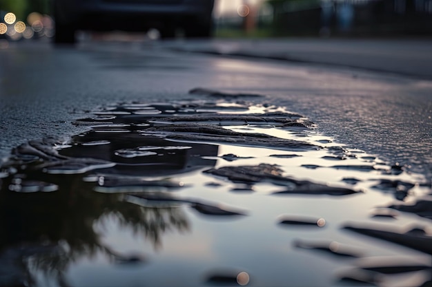 Foto asfalto molhado com reflexos de poça e fundo desfocado