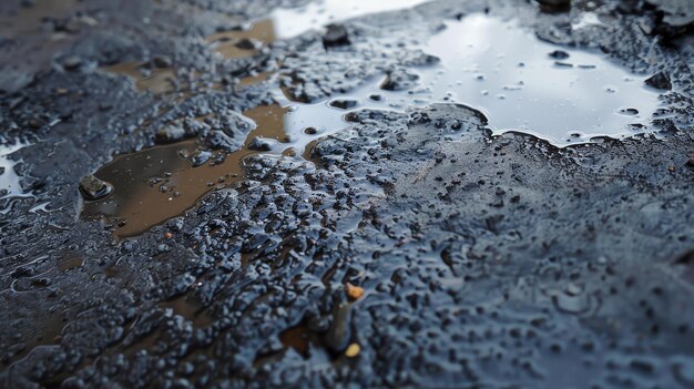 Foto asfalto preto molhado com pequenos seixos e poças de água refletindo a luz fraca