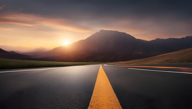 Asfalto en el suelo de la carretera y la montaña al atardecer Pista de carrera en el fondo de la carretera y la montaña