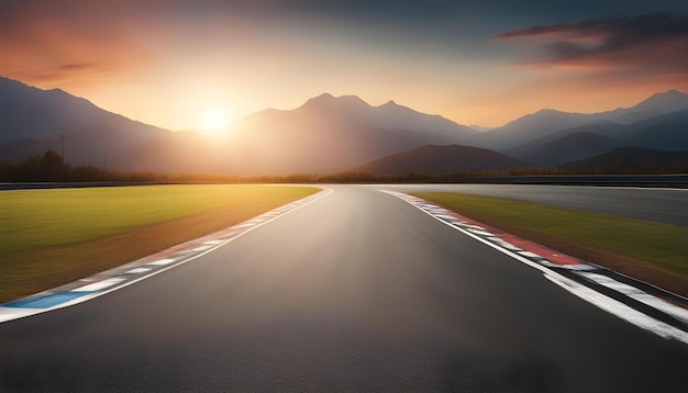 Asfalto en el suelo de la carretera y la montaña al atardecer Pista de carrera en el fondo de la carretera y la montaña