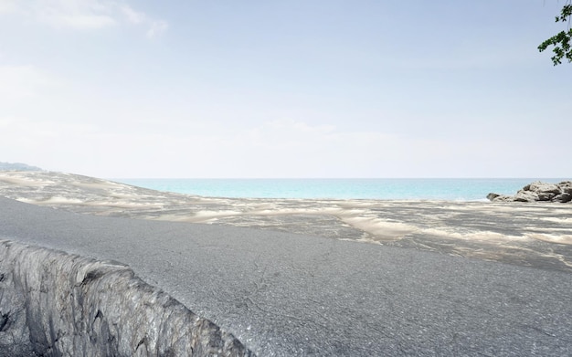 Asfalto vazio para estacionamento. Renderização 3D da estrada cinza com fundo de vista da praia e do mar.