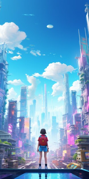 Foto ashley em uma cidade futurista animecore cores vibrantes e paisagens expansivas