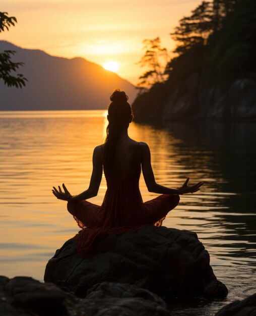 Asia eine Frau, die bei Sonnenuntergang Yoga macht, eine Silhouette einer Frau