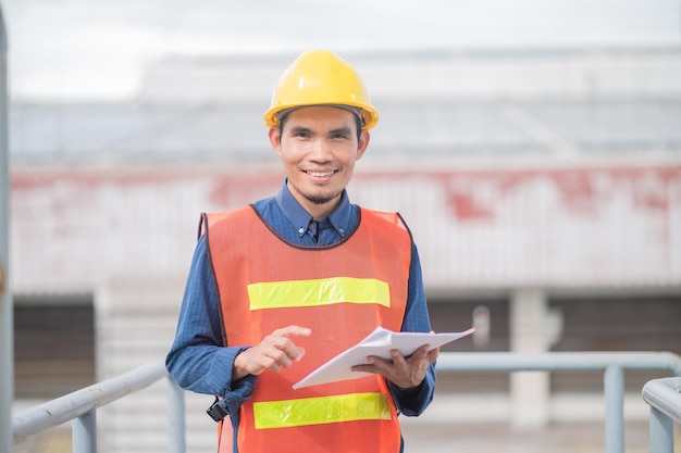 Asia Engineer Standing Pose Selbstbewusste asiatische Ingenieure arbeiten in der industriellen Fabrikproduktion