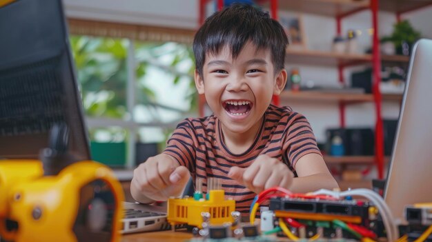 Foto asia home school jovem criança pequena sorriso feliz auto-estudo lição on-line entusiasmado fazer ai circuito de brinquedo stem steam aula de raspagem digital na tela do laptop para crianças ativas jogar arduino desfrutar de passatempo divertido