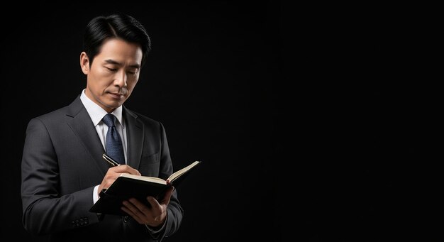 Asian Businessman in a Suit Writing in a Notebook Against a Black Background