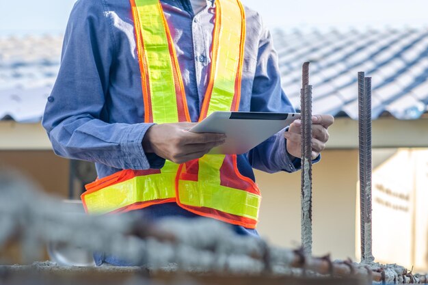 Asian Engineer Construction sind Arbeiter, die mit einem Sicherheitskontrollhelm vor Ort arbeiten