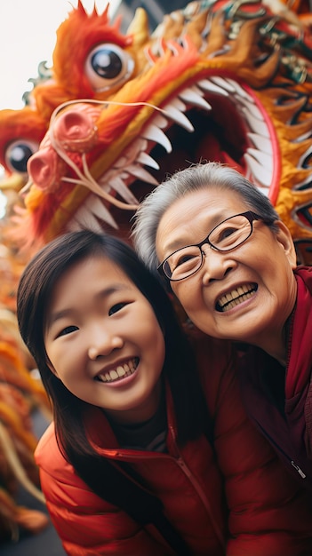 Asiaten machen Selfie mit Dragon beim Festival AI Generated