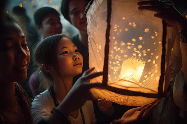 Asiaten werfen während eines traditionellen Festivals in der Nacht, in der Ai erzeugt wurde, fliegende Papierlaternen ab