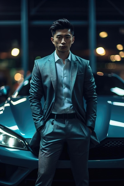 Asiater in Anzug neben Luxus-Sportwagen Nachtleben