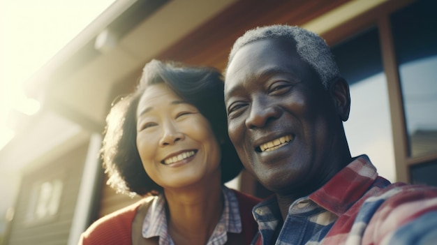 Asiática y africana feliz pareja de ancianos