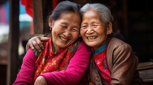 Asiática madura duas mulheres abraçando smiley
