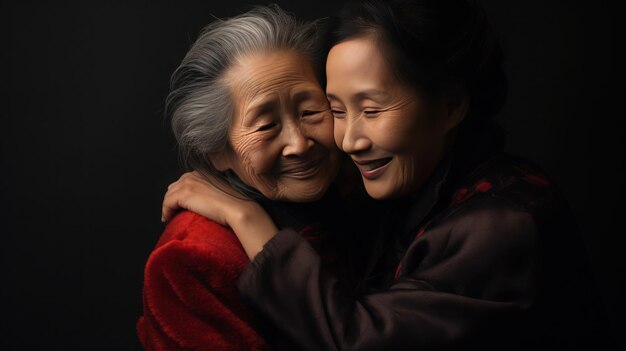 Asiática madura duas mulheres abraçando smiley