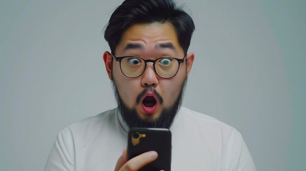 Un asiático de 23 años con barba y gafas en camisa blanca sorprendido por un teléfono móvil.