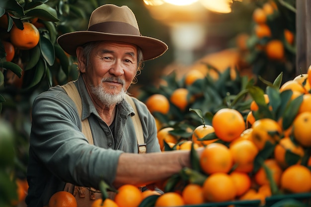 Asiático anciano trabajador cosecha mandarinas naranjas maduras en cajas en la plantación en una granja en el jardín