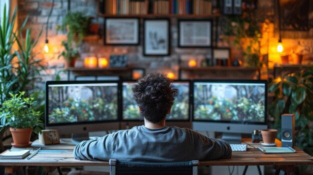 Foto asiático cansado bocejando enquanto trabalha com vários computadores gerados por ia