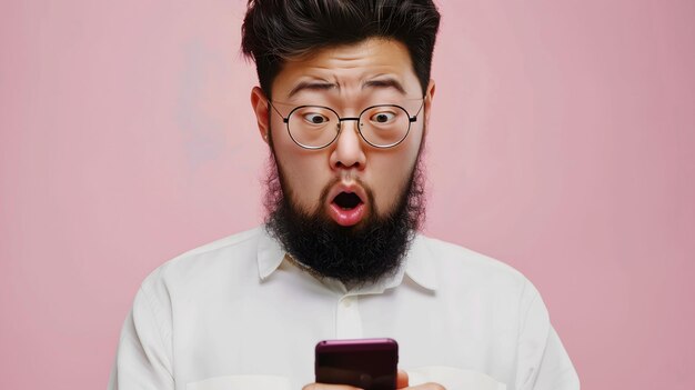 Asiático com barba, camisa branca e óculos, em close-up, de uma reação surpresa ao telemóvel.