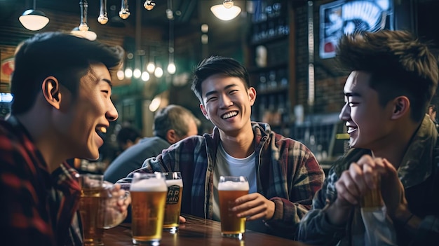 Asiáticos alegres disfrutando de la hora feliz en un bar bebiendo y riendo