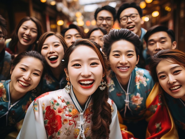 Foto asiáticos felices con ropa tradicional china en la calle del año nuevo chino