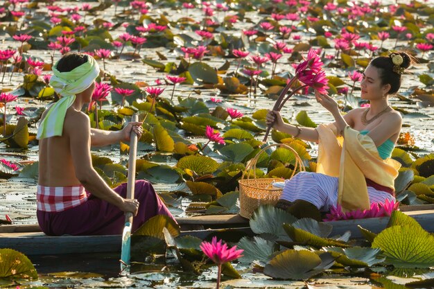 Los asiáticos recolectan flores de loto rojas