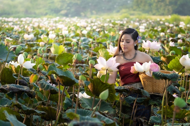 Asiatin-Thailand-cuture mit Lotostraditionskleid.