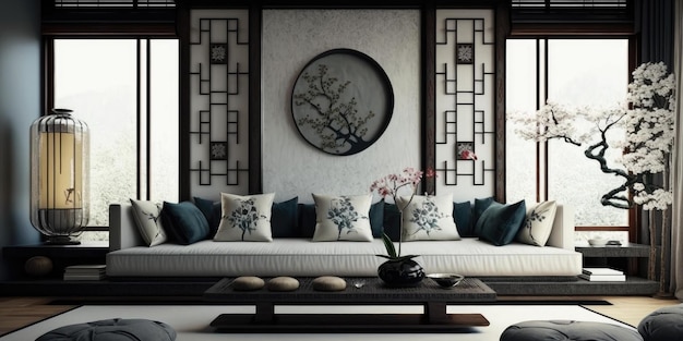 Asiatisch inspirierte moderne Wohnzimmereinrichtung