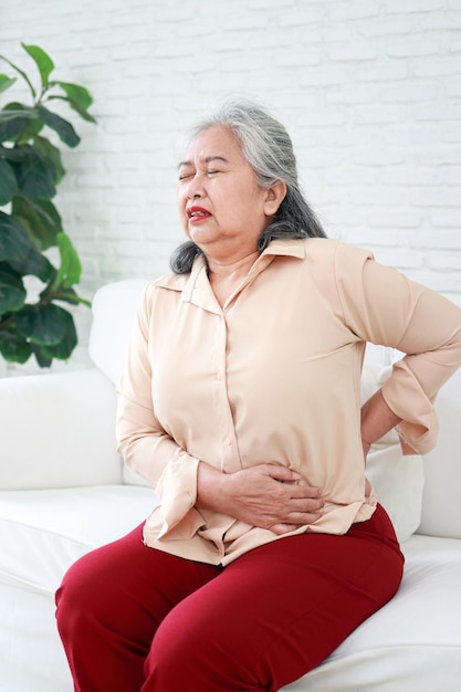 Asiatische ältere Frau, die auf dem Sofa sitzt Sie hatte Schmerzen in der Taille und im Rücken Krankenhauskonzept Degeneratives Wirbelsäulensystem der älteren Menschen im Ruhestand
