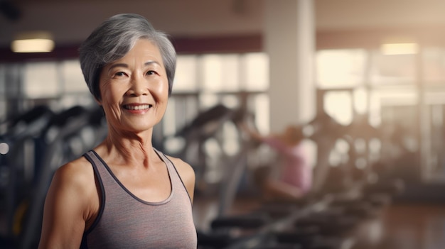 Asiatische ältere glückliche Frau im Fitnessstudio Aktiver und gesunder Lebensstil im Erwachsenenalter, KI generiert