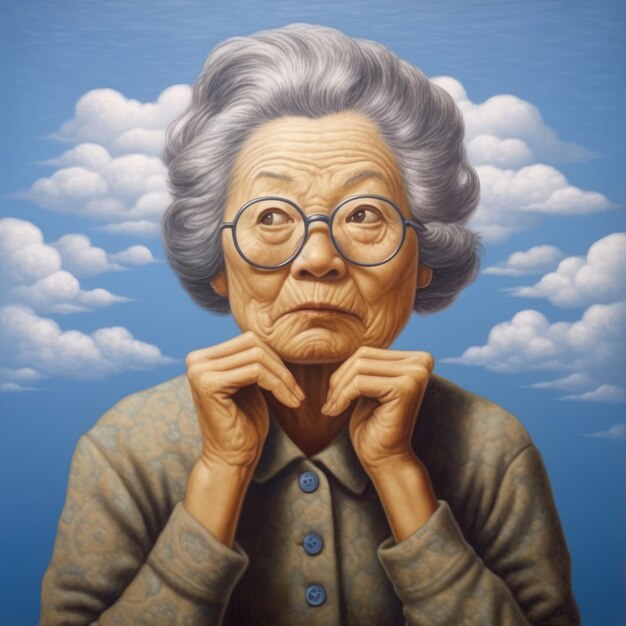 Asiatische alte Frau im Denken und Zweifel, fotorealistische Illustration. Weibliche Figur mit verträumtem Gesicht auf abstraktem Hintergrund. Ai generierte ein realistisches, helles Poster