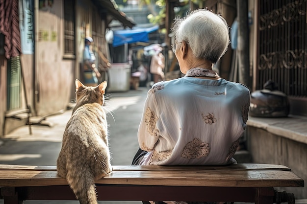 Asiatische alte Frau sitzt mit einer Katze auf der Straße, Rückansicht, ruhige Stimmung, sonniger Tag, generative KI