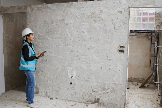 Asiatische Architektin, die einen Laptop verwendet, um eine Betonwand-Baustelle in einem Gebäude zu entwerfen.