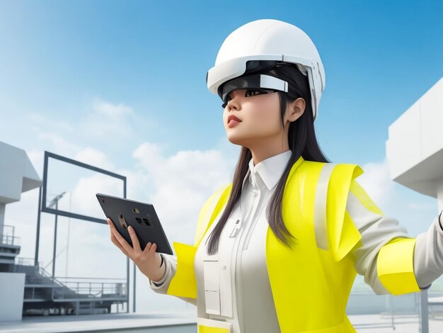 Asiatische Architektin trägt ein VR-Headset, um mit BIM-Technologie Architektur zu entwerfen.