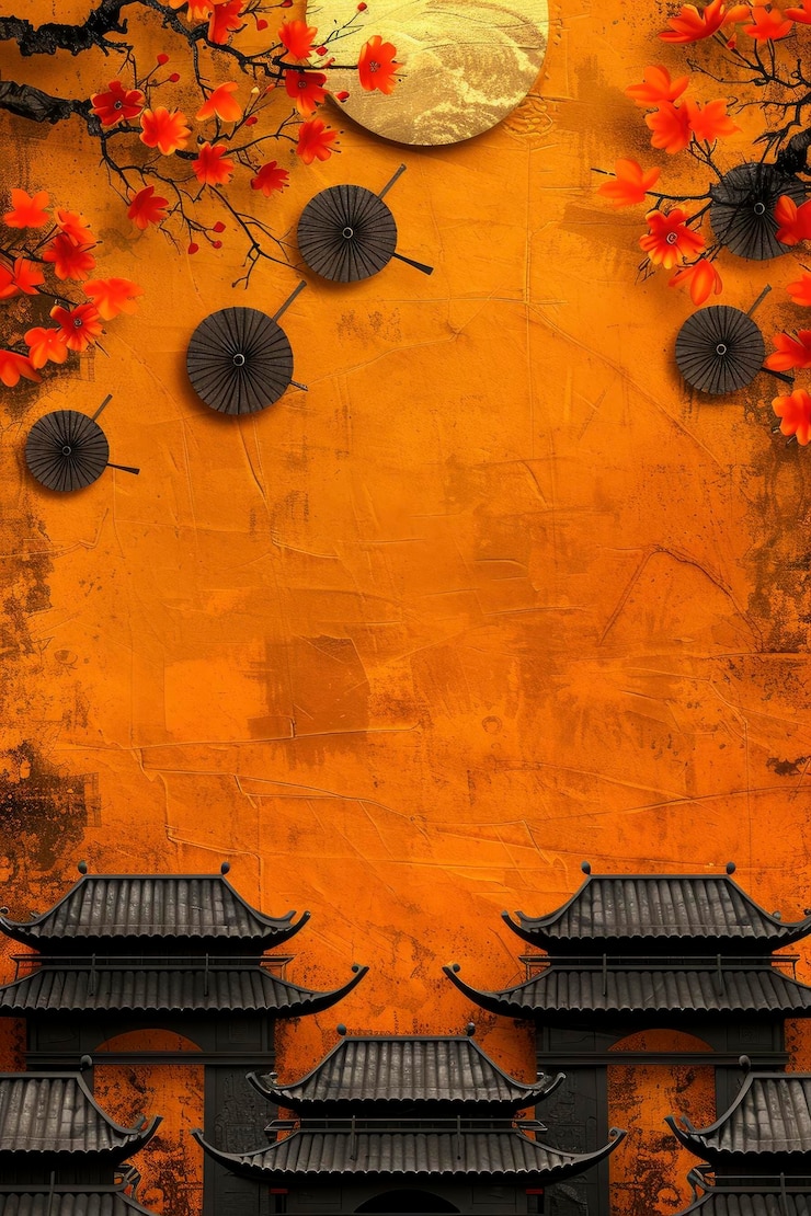 Foto asiatische architektur mit zweigen aus roten blumen und regenschirmen