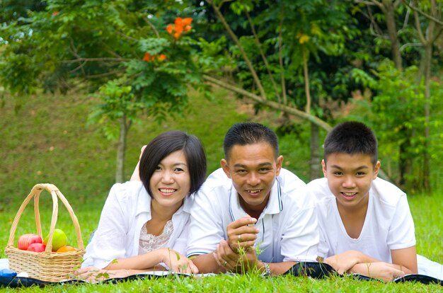 Asiatische chinesische Familie, die Park am im Freien sich entspannt