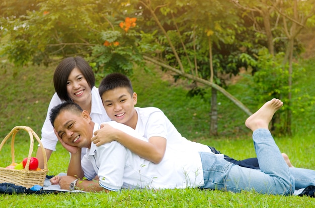 Asiatische chinesische Familie, die Park am im Freien sich entspannt