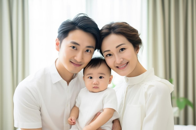 Asiatische dreiköpfige Familie lächelt Liebe und Zusammengehörigkeit mit entzückendem Baby