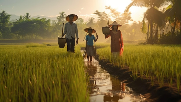 Asiatische Familie arbeitet auf einer Reisplantage. Licht bei Sonnenaufgang. Landesspezifische Kleidung