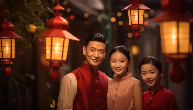 Asiatische Familie auf dem Hintergrund von Rotlichtvierteln Chinesisches Neujahrskonzept