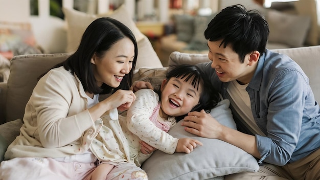 Asiatische Familie Mutter Vater und Tochter machen ein lustiges Schlaf-Spiel im Wohnzimmer zu Hause Hintergrund