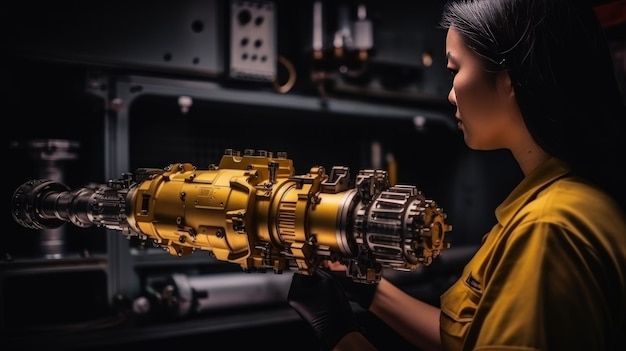 Asiatische Frau arbeitet an einer modernen automatischen Drehmaschine in einer Werkstatt