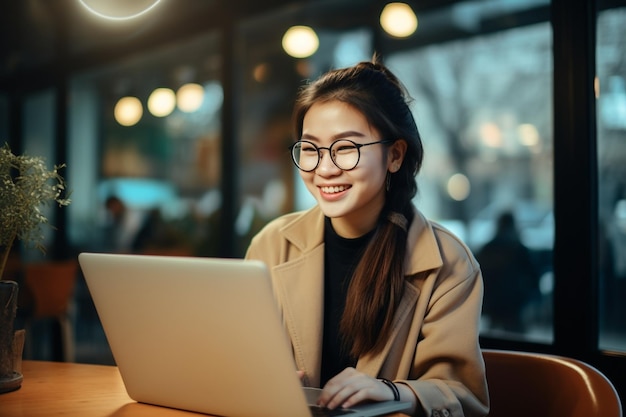 Asiatische Frau arbeitet lächelnd am Laptop