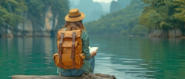 Foto asiatische frau auf einem rucksack, die sich draußen entspannt, während sie eine kaffeepause macht und ein buch liest, während sie am kai sitzt