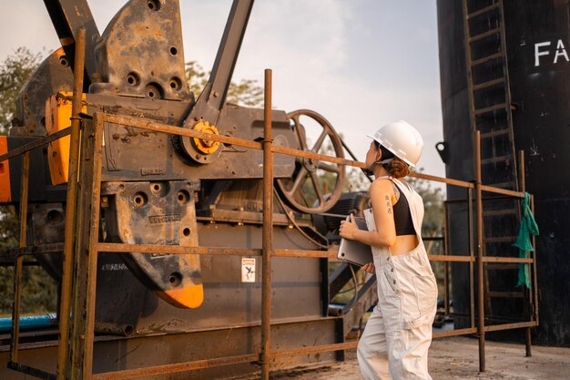 Asiatische frau der petrochemischen technik mit schutzhelm, die in der petrochemischen industrie der ölraffineriestruktur steht