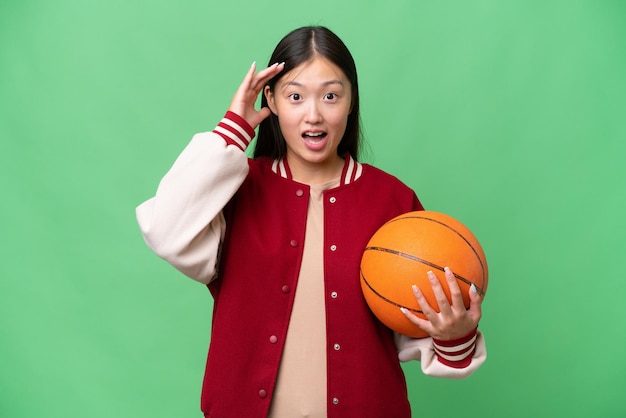 Asiatische Frau des jungen Basketballspielers über lokalisiertem Hintergrund mit Überraschungsausdruck