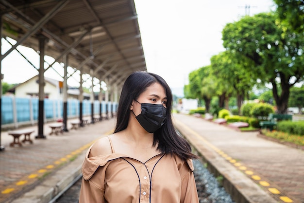 Asiatische Frau, die eine Maske trägt, um COVID-19 oder COVID-19-Konzept zu verhindern