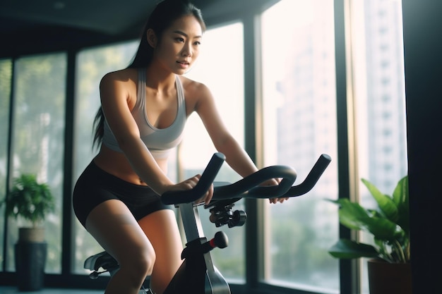 Asiatische Frau fährt im Fitnessstudio auf einem Spinbike Generative KI