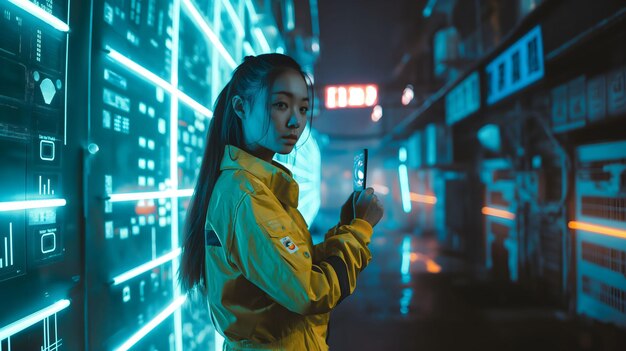 Asiatische Frau im gelben Outfit überprüft die Daten-Details Cyber-Hintergrund-Scifi