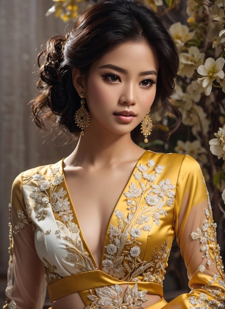 Asiatische Frau im goldenen Kebaya